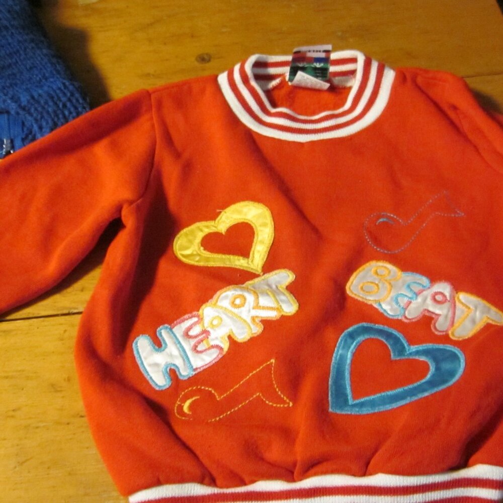 vtg 80s bullfrog kids sweatshirt red heart beat striped neckline hem sz 5